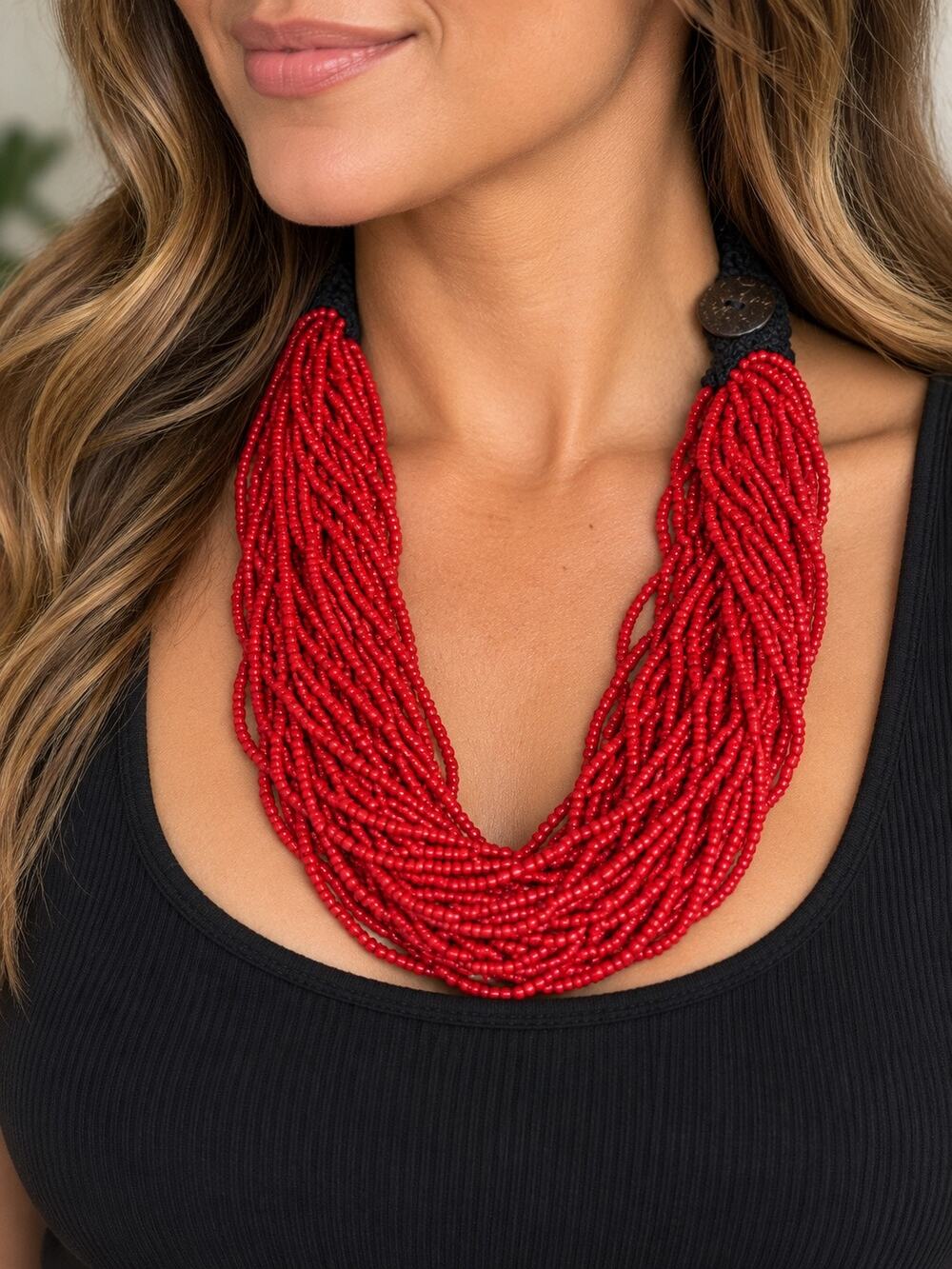 Red Multi Strand Seed Bead Statement Necklace Boho Bib Button Closure